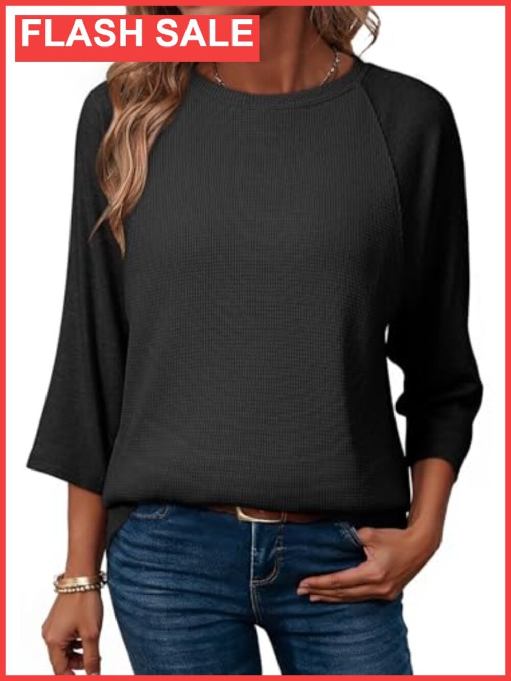 Women's 3/4 Sleeve Waffle Knit T-Shirt Crew Neck Loose Fit Casual Top